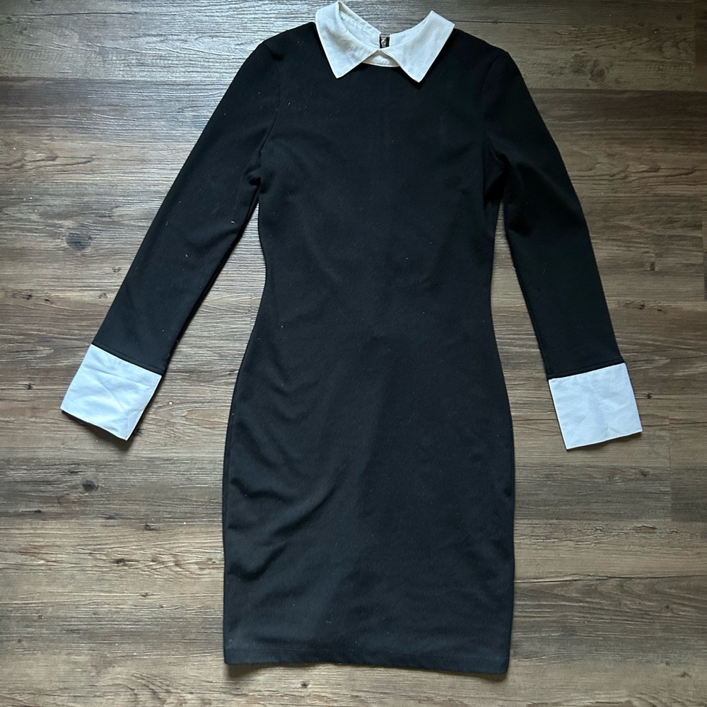 Chic Black Dress with White Collar and Cuffs